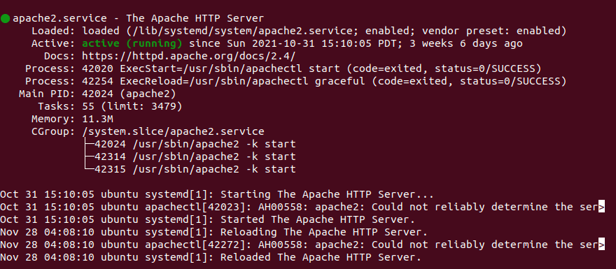 Проверка статуса сервиса apache2